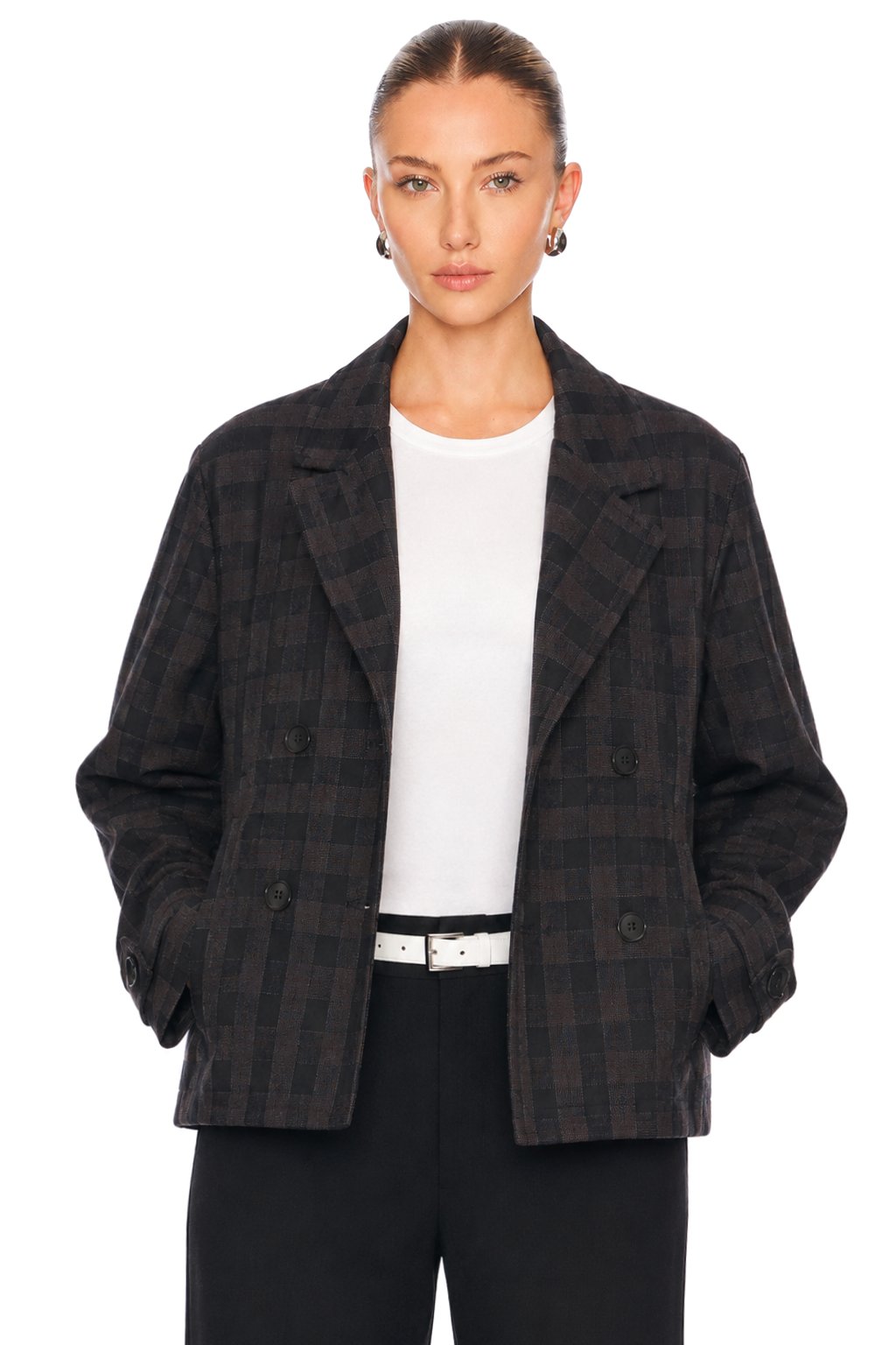 Sunzel Womens Plaid Blazer Jacket Cropped Double Breasted Coat, Wool Like Short Fall Winter Outerwear with Pockets