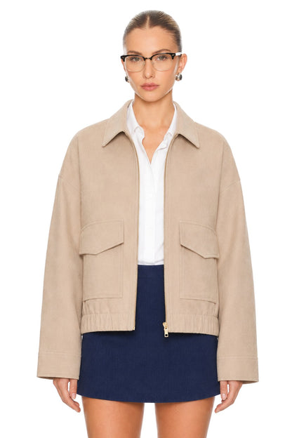 Sunzel Womens Cropped Bomber Jacket Zip Up Utility Jacket with Pockets, Collared Long Sleeve Lightweight Fall Outerwear, Beige Casual Short Jacket