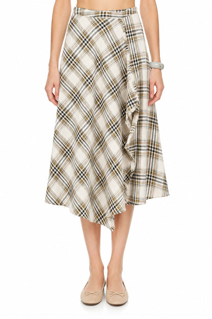 Sunzel Women's Plaid Midi Skirt High Waisted A Line Skirt, Asymmetrical Wrap Front Flowy Fall Casual Going Out Skirt