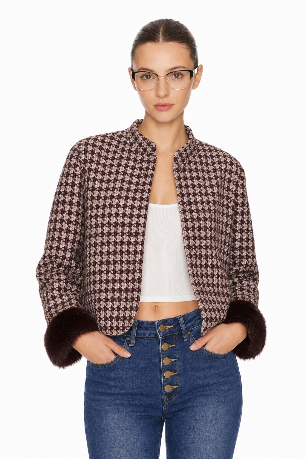 Sunzel Womens Tweed Coat Cropped Plaid Trench Style Short Winter Outerwear with Faux Fur Cuffs Dressy Casual Jacket
