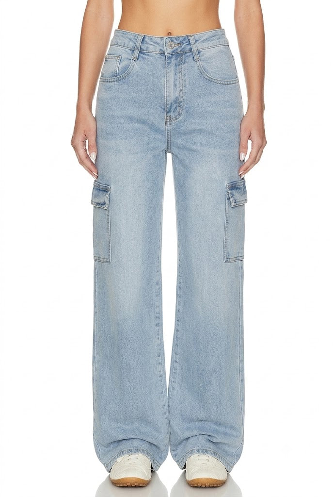 Sunzel Womens Cargo Jeans High Waisted Straight Leg Denim Pants, Light Wash Utility Pocket Casual Work Travel Jeans
