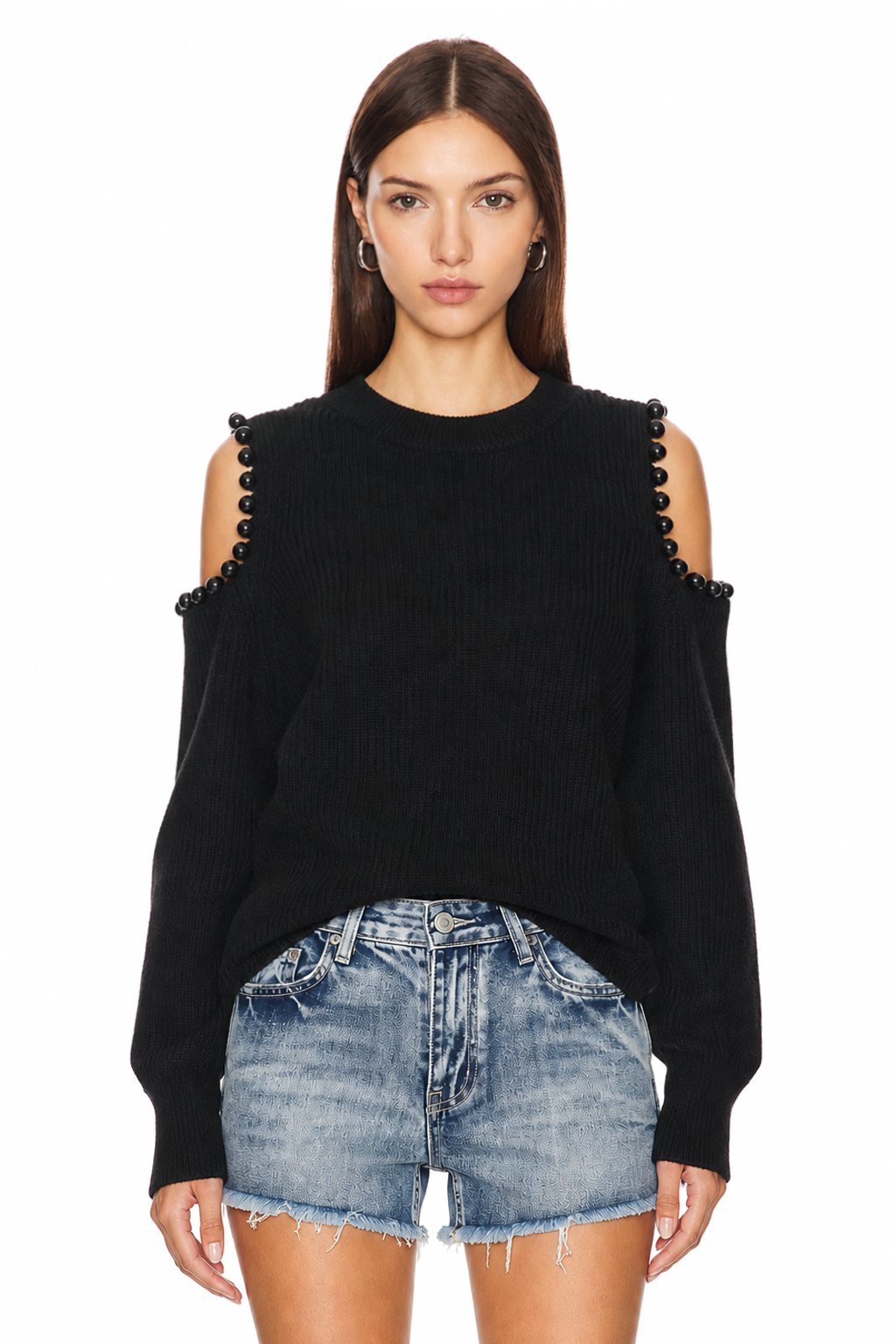 Sunzel Womens Cropped Sweater Coat Cold Shoulder Knit Top Pearl Trim Long Sleeve Crew Neck Fall Winter Going Out Outfit