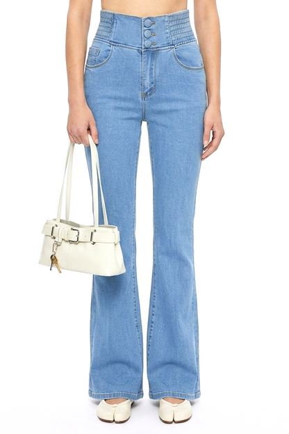 Sunzel Womens High Waisted Flare Jeans Stretch Bootcut Denim Pants, Button Fly Wide Waistband Slim Fit Light Wash Jeans with Pockets