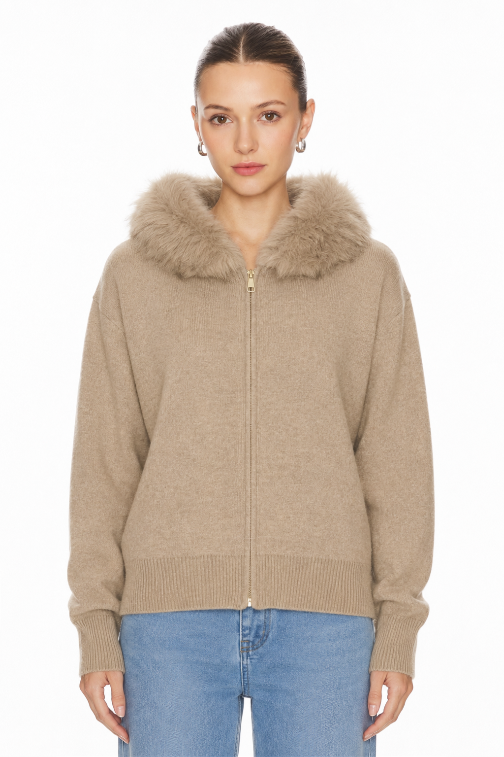 Sunzel WARM STYLISH KNIT COAT FOR WOMEN Faux Fur Collar Long Sleeve Zipper Cardigan Breathable Like Cotton Wrinkle-Resistant Perfect for Fall Winter Layering