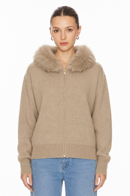 Sunzel WARM STYLISH KNIT COAT FOR WOMEN Faux Fur Collar Long Sleeve Zipper Cardigan Breathable Like Cotton Wrinkle-Resistant Perfect for Fall Winter Layering
