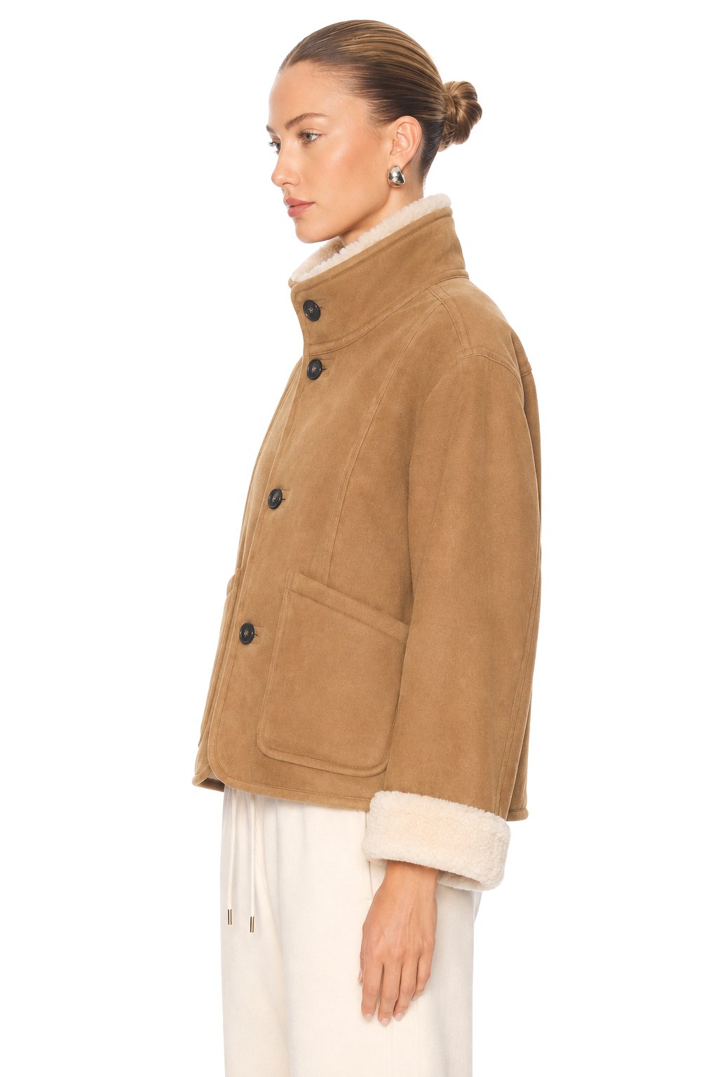 Sunzel Womens Reversible Sherpa Coat, Camel Suede Look Short Trench Outerwear, Stand Collar Button Front Jacket with Pockets