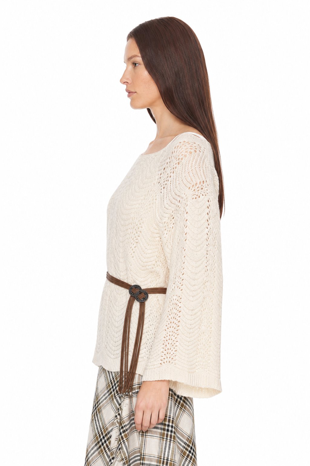 Sunzel Womens Openwork Knit Poncho Sweater Belted Long Sleeve Loose Fit Fall Pullover Top