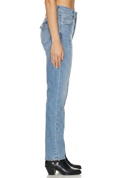 Sunzel Womens Mid Rise Straight Leg Jeans Light Wash Denim Pants with Flap Back Pockets