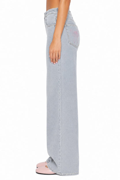 Sunzel Womens Bow Embroidered Wide Leg Jeans High Waisted Denim Pants Pocket Smoothing Loose Casual Straight Jeans