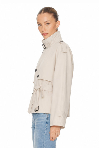 Sunzel Womens Short Trench Coat Beige Belted Stand Collar Button Front Fall Jacket No Pockets