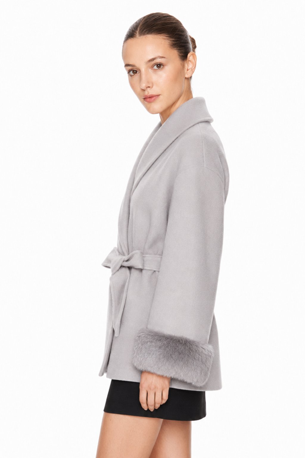 Sunzel Women's Wrap Coat Faux Fur Cuffs Belted Winter Jacket Shawl Collar Wool Touch Open Front Short Dressy Casual Outerwear with Pockets