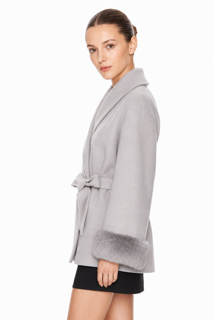 Sunzel Women's Wrap Coat Faux Fur Cuffs Belted Winter Jacket Shawl Collar Wool Touch Open Front Short Dressy Casual Outerwear with Pockets