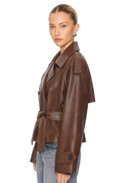 Sunzel Womens Faux Leather Jacket Cropped Belted Trench Coat, Brown Oversized Moto Outerwear with Lapel Collar Pockets for Fall