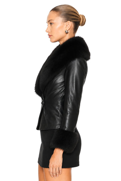Sunzel Womens Faux Leather Jacket Faux Fur Collar Cuffs Lace Up Back, Cropped PU Leather Coat Button Front Dressy Winter Going Out Outerwear