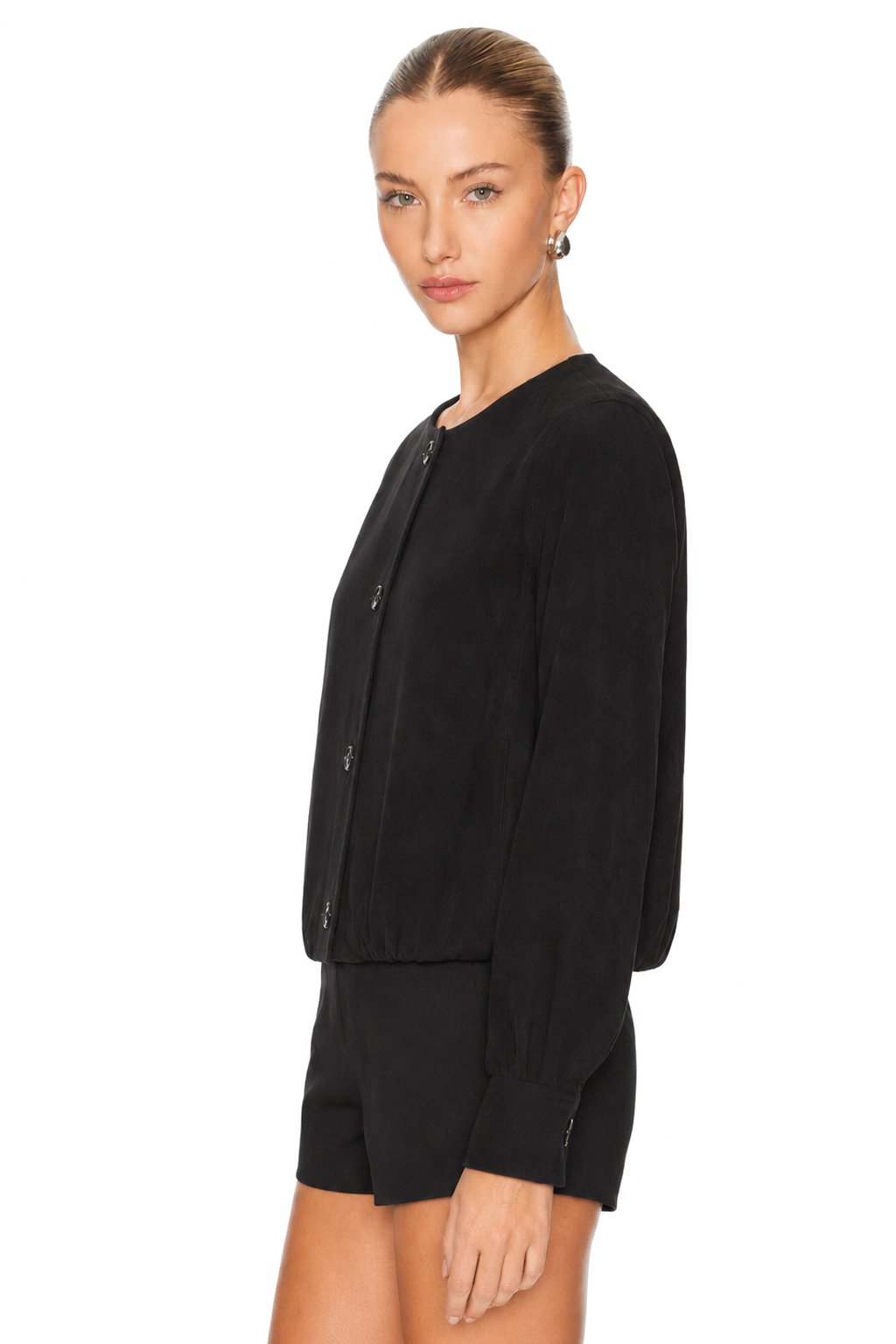 Sunzel Womens Collarless Suede Touch Jacket Cropped Button Down Coat, Balloon Sleeve Round Neck Lightweight Fall Outerwear