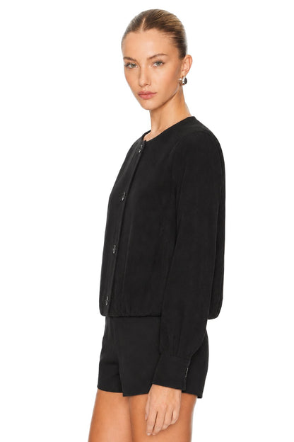 Sunzel Womens Collarless Suede Touch Jacket Cropped Button Down Coat, Balloon Sleeve Round Neck Lightweight Fall Outerwear