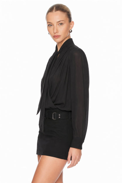 Sunzel Womens Tie Neck Pleated Blouse Long Sleeve Sheer Chiffon Dressy Office Top Loose Elegant Shirt