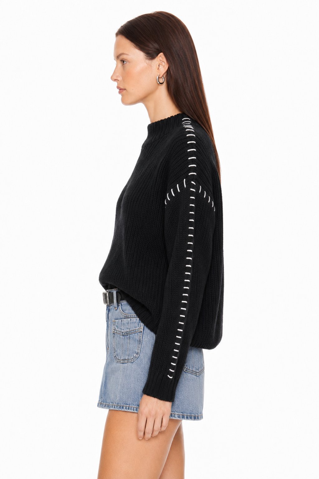 Sunzel Womens Chunky Knit Pullover Sweater Mock Neck Contrast Stitch Long Sleeve Loose Fall Winter Top