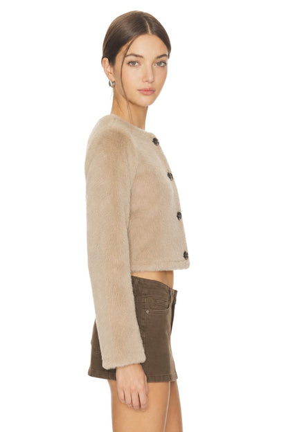 Sunzel Womens Cropped Faux Fur Jacket Button Down Fuzzy Coat Long Sleeve Crew Neck Plush Short Outerwear for Fall Winter Dressy Casual Outfits