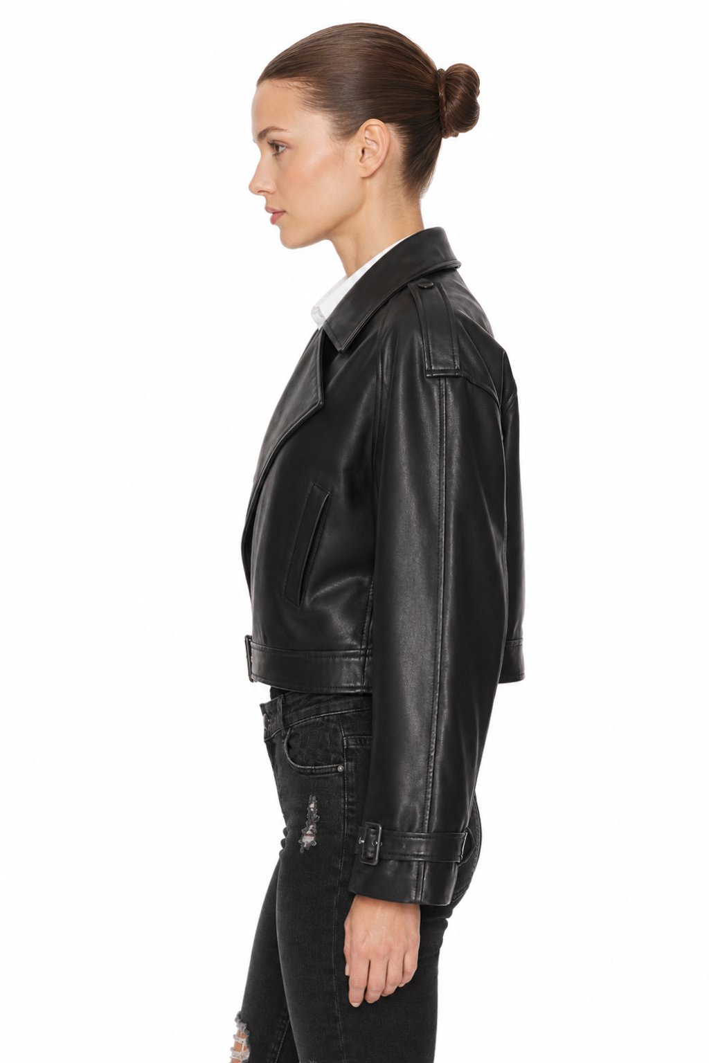 Sunzel Womens Faux Leather Moto Jacket Cropped Asymmetric Zip Biker Coat, Black Belted Biker Jacket with Buckle Cuffs Pockets
