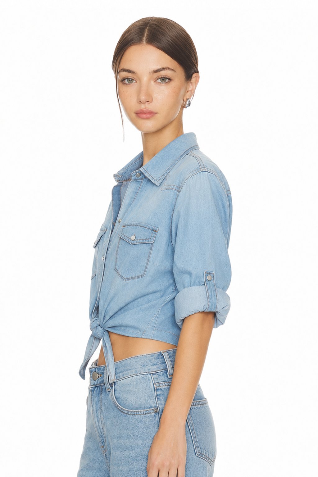 Sunzel Womens Denim Shirt Tie Front Crop Top Snap Button Chambray Blouse Roll Up Sleeve with Chest Pockets