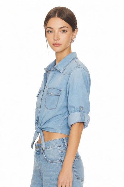 Sunzel Womens Denim Shirt Tie Front Crop Top Snap Button Chambray Blouse Roll Up Sleeve with Chest Pockets
