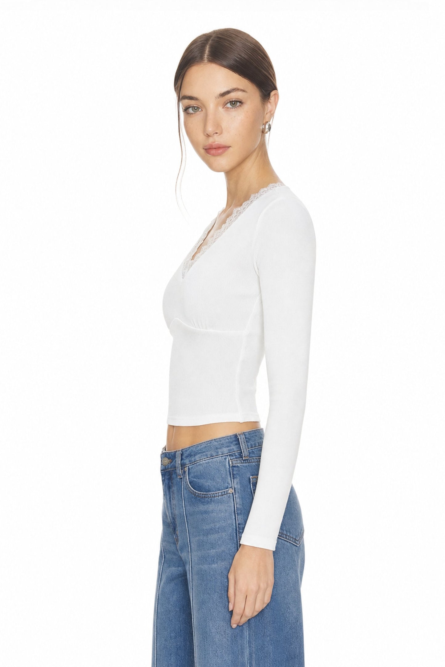 Sunzel Womens Lace Trim V Neck Long Sleeve Top Fitted Crop Shirt Going Out Dressy Casual Knit Tee