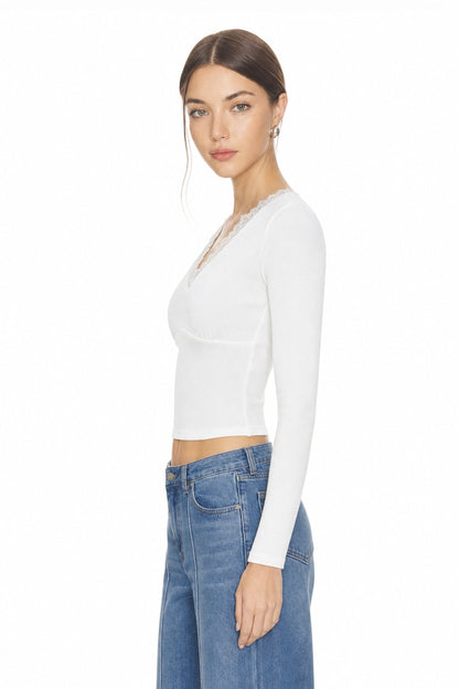 Sunzel Womens Lace Trim V Neck Long Sleeve Top Fitted Crop Shirt Going Out Dressy Casual Knit Tee