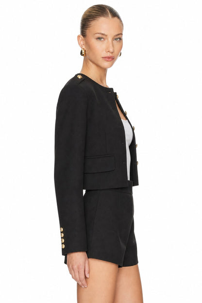 Sunzel Womens Cropped Military Jacket Black Collarless Blazer Gold Button Fall Dress Coat