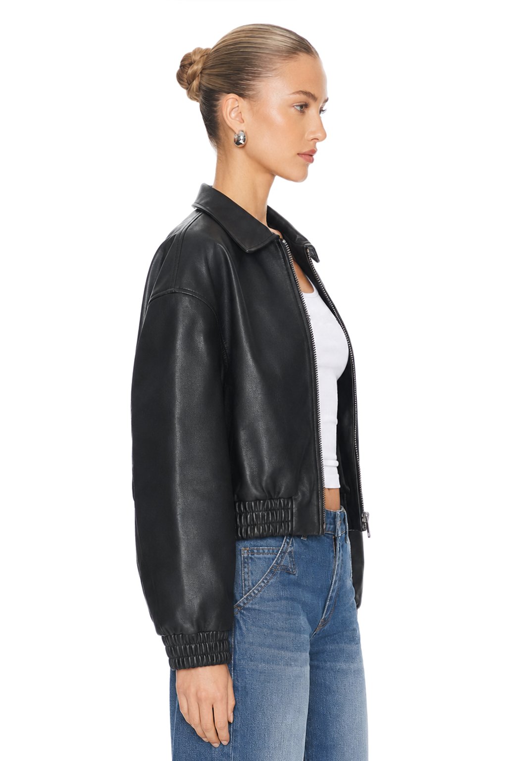 Women Faux Leather Jacket Cropped Bomber Jacket Oversized PU Leather Coat with Pockets, Black Zip Up Moto Jacket, Trendy Streetwear Fall Spring Outwear