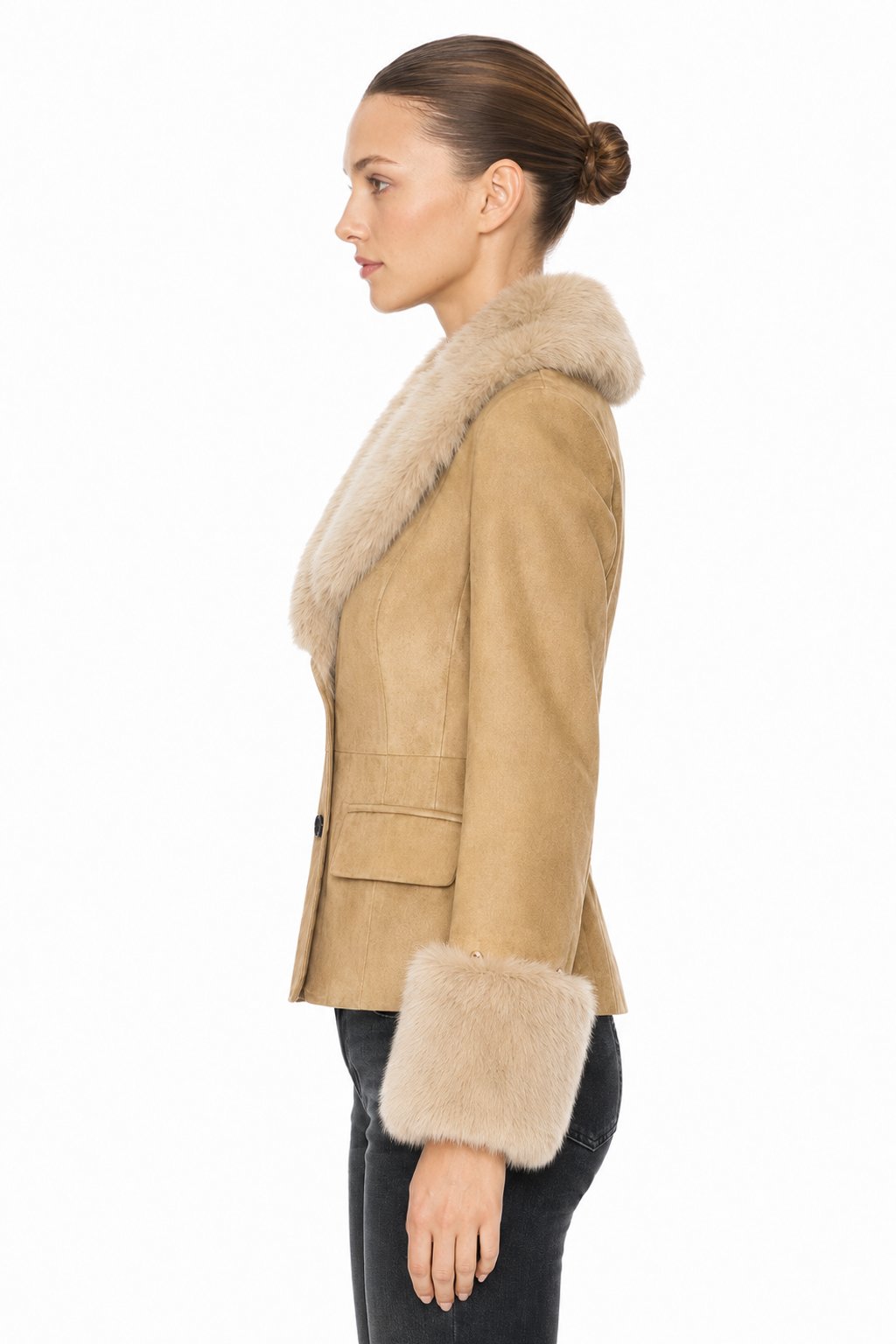 Sunzel Womens Faux Suede Jacket Faux Fur Collar Cuffs Short Coat, Button Front Warm Dressy Winter Outerwear with Flap Pockets