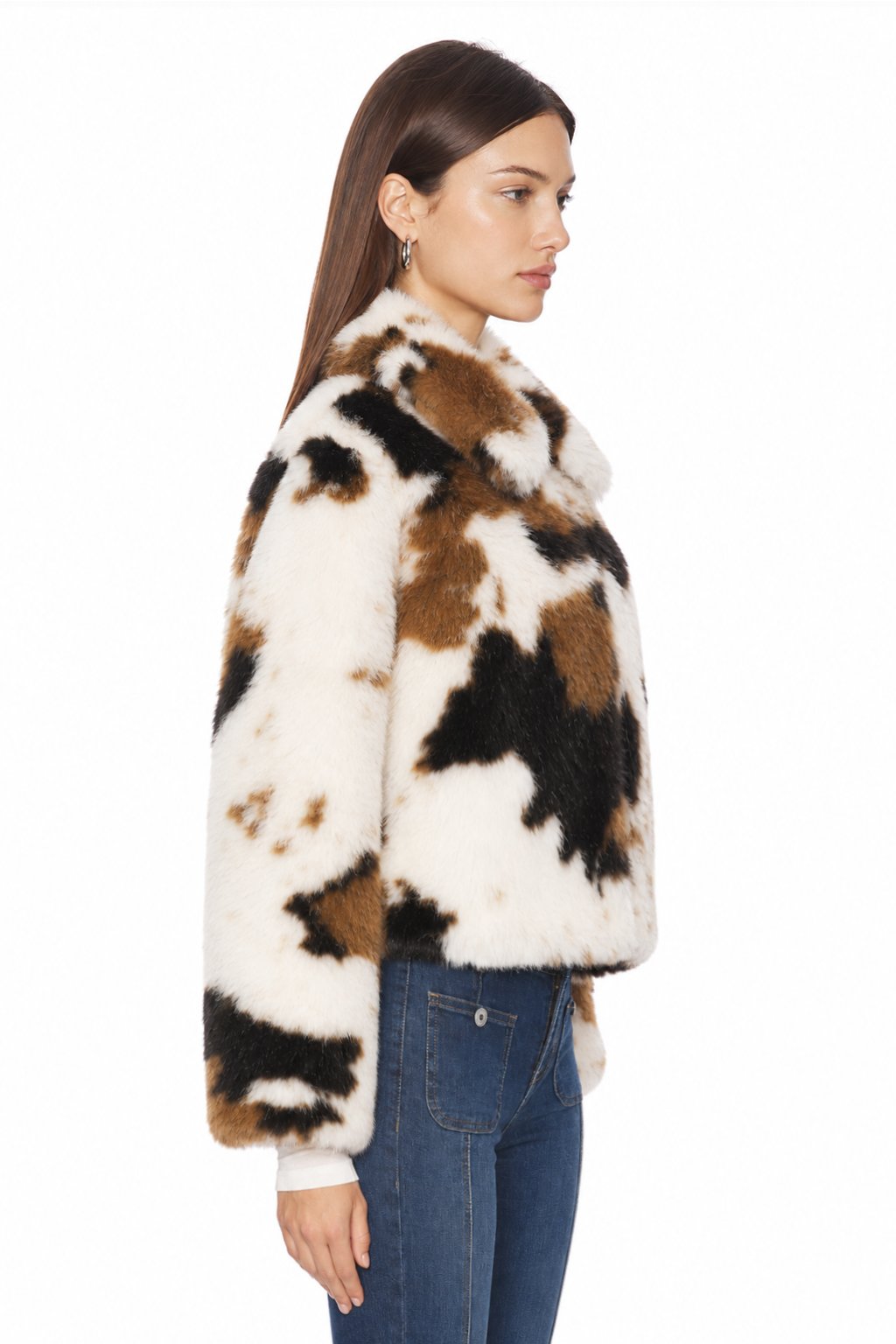 Sunzel Womens Cow Print Faux Fur Cropped Jacket Stand Collar Plush Fall Winter Outerwear