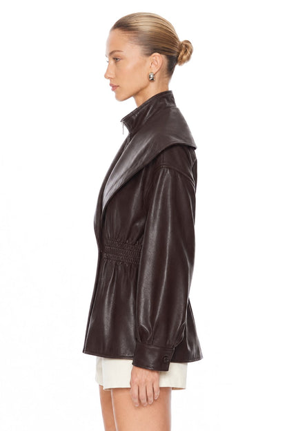 Sunzel Womens Faux Leather Jacket Brown PU Moto Jacket Cinched Waist, Zip Up Oversized Lapel Long Sleeve Fall Streetwear Short Coat