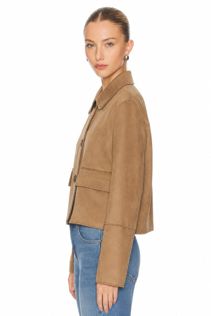 Sunzel Womens Faux Suede Jacket Cropped Button Front Fall Coat, Camel Lapel Short Dressy Casual Outerwear with Flap Pockets