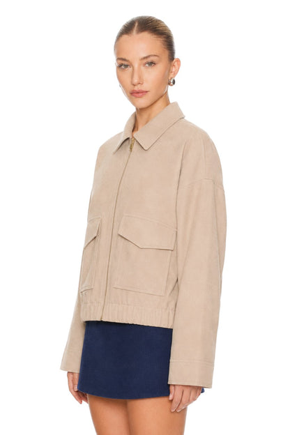 Sunzel Womens Cropped Bomber Jacket Zip Up Utility Jacket with Pockets, Collared Long Sleeve Lightweight Fall Outerwear, Beige Casual Short Jacket