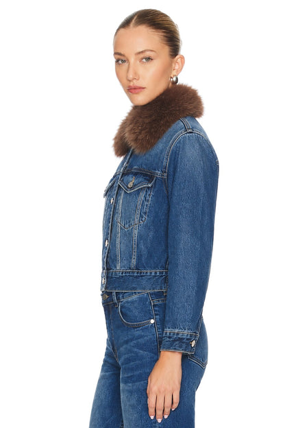 Sunzel Womens Cropped Denim Jacket Faux Fur Collar Button Down Short Jean Coat, Fall Winter Casual Outerwear with Flap Chest Pockets