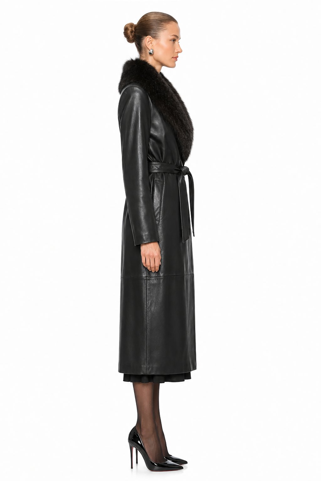 Sunzel Women Black Faux Leather Coat Faux Fur Collar Belted Longline Winter Overcoat with Pockets