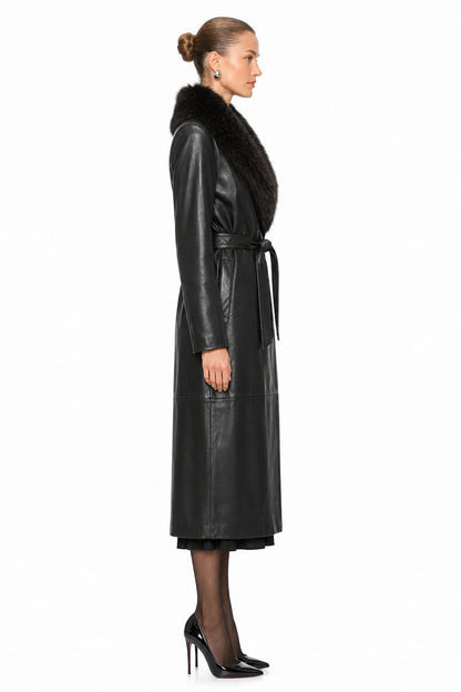 Sunzel Women Black Faux Leather Coat Faux Fur Collar Belted Longline Winter Overcoat with Pockets