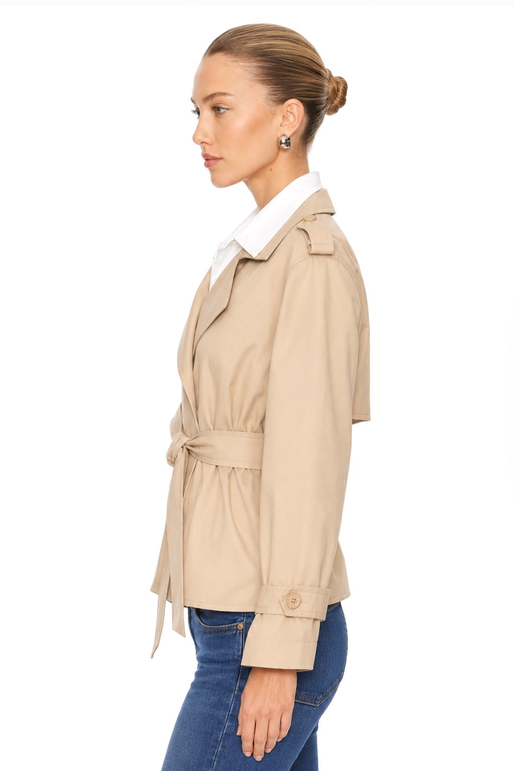 Sunzel Womens Beige Short Trench Coat Belted Lapel Button Front Fall Jacket with Pockets