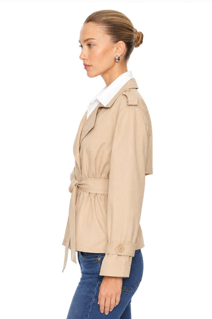 Sunzel Womens Beige Short Trench Coat Belted Lapel Button Front Fall Jacket with Pockets