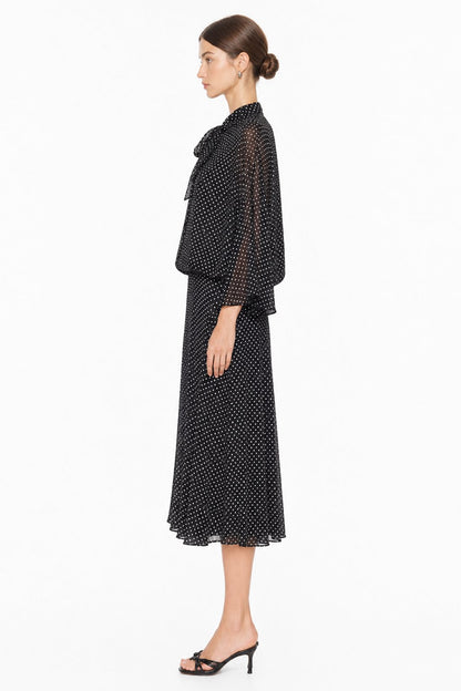 Sunzel Womens Polka Dot Midi Dress Bow Tie Neck Sheer Batwing Sleeve Flowy Spring Summer Dress