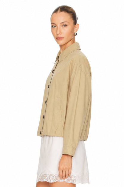 Sunzel Womens Button Down Jacket Beige Khaki Short Fall Coat, Collared Lightweight Casual Outerwear Long Sleeve with Side Pockets