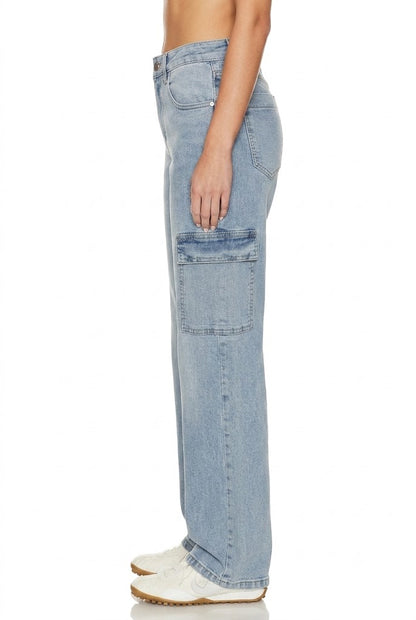 Sunzel Womens Cargo Jeans High Waisted Straight Leg Denim Pants, Light Wash Utility Pocket Casual Work Travel Jeans