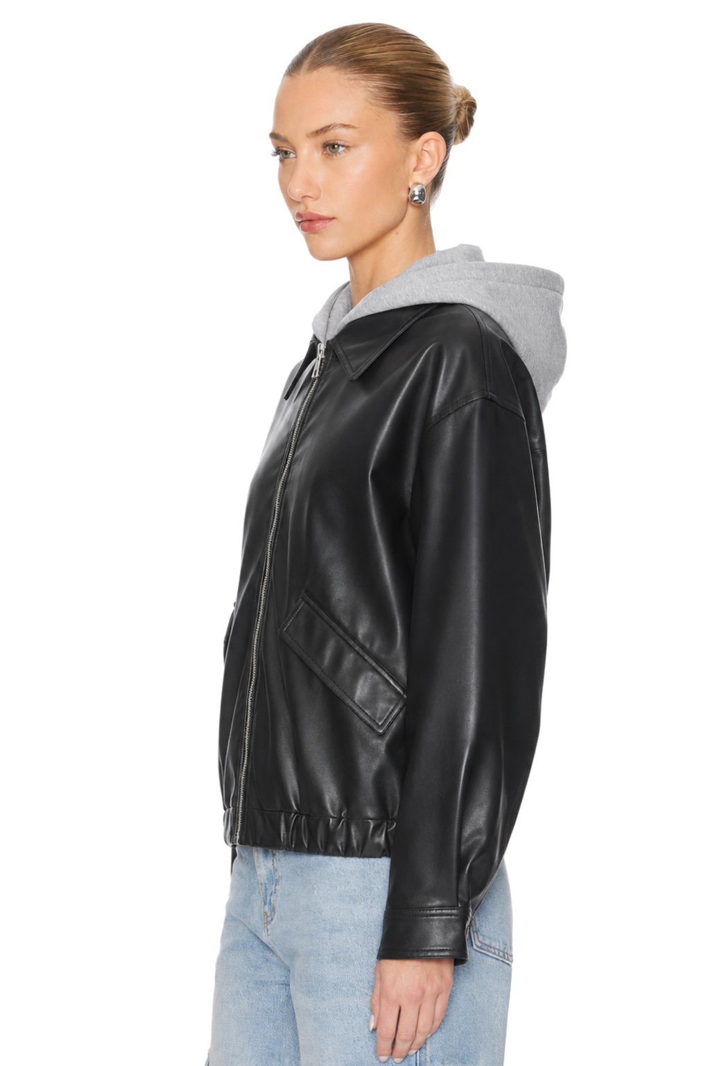 Sunzel Womens Faux Leather Hooded Bomber Jacket Cropped Black Zip Up Coat, Oversized Fall Winter Casual Outerwear with Pockets