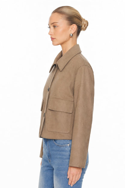 Sunzel Womens Faux Suede Jacket Cropped Button Front Flap Pockets, Spread Collar Short Fall Outerwear Dressy Casual Coat