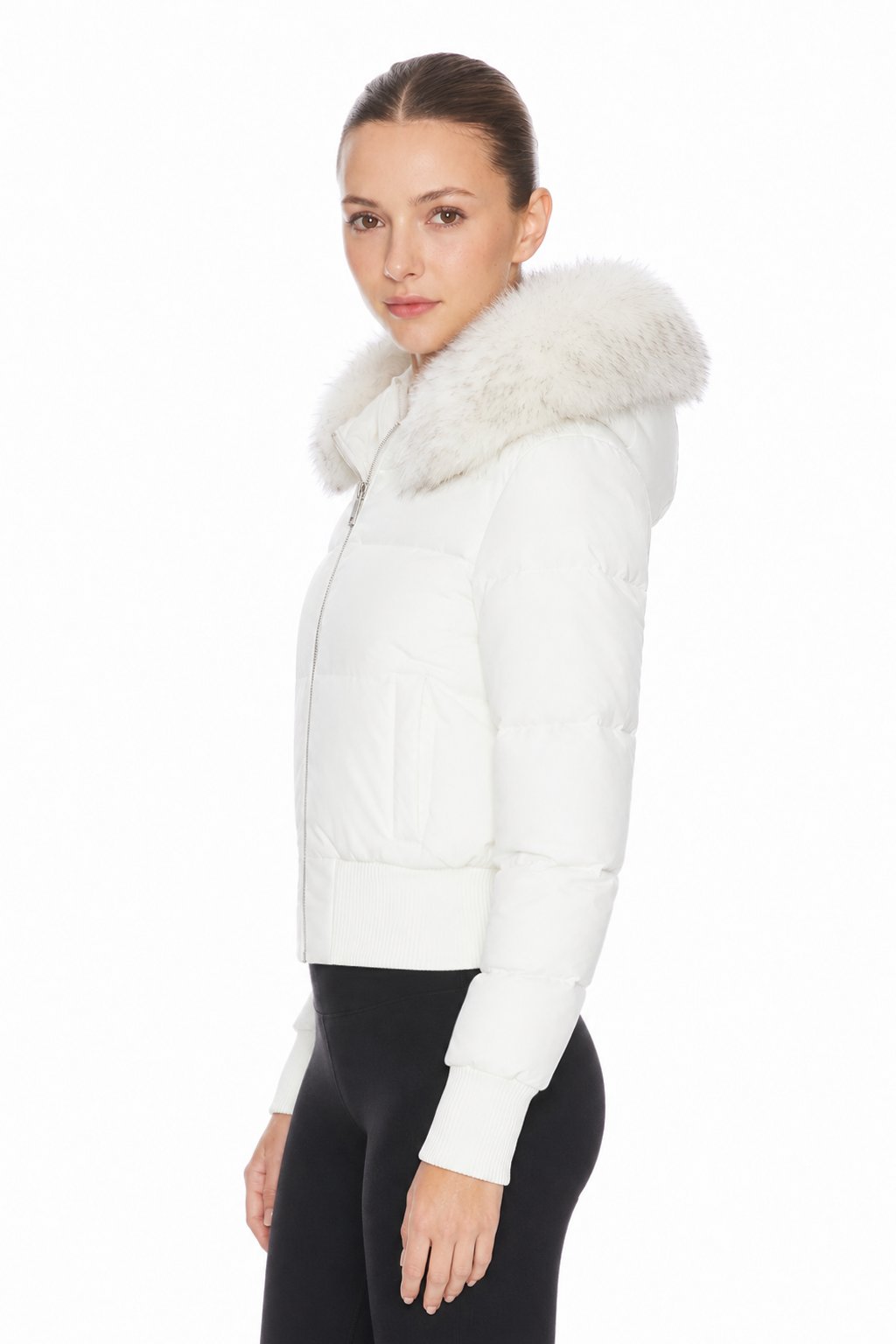 Sunzel Womens Cropped Puffer Jacket Faux Fur Hood Short Winter Coat, White Zip Up Warm Outerwear with Ribbed Cuffs and Pockets
