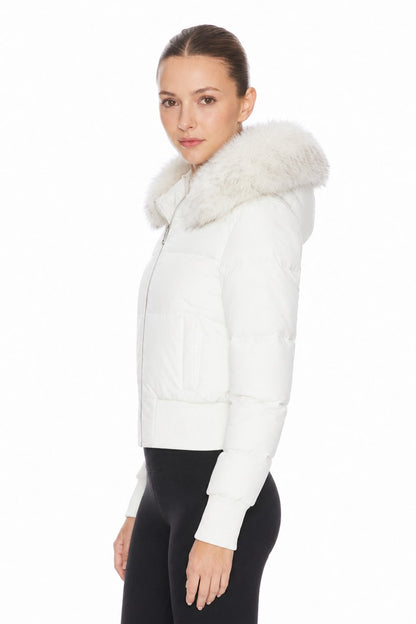 Sunzel Womens Cropped Puffer Jacket Faux Fur Hood Short Winter Coat, White Zip Up Warm Outerwear with Ribbed Cuffs and Pockets