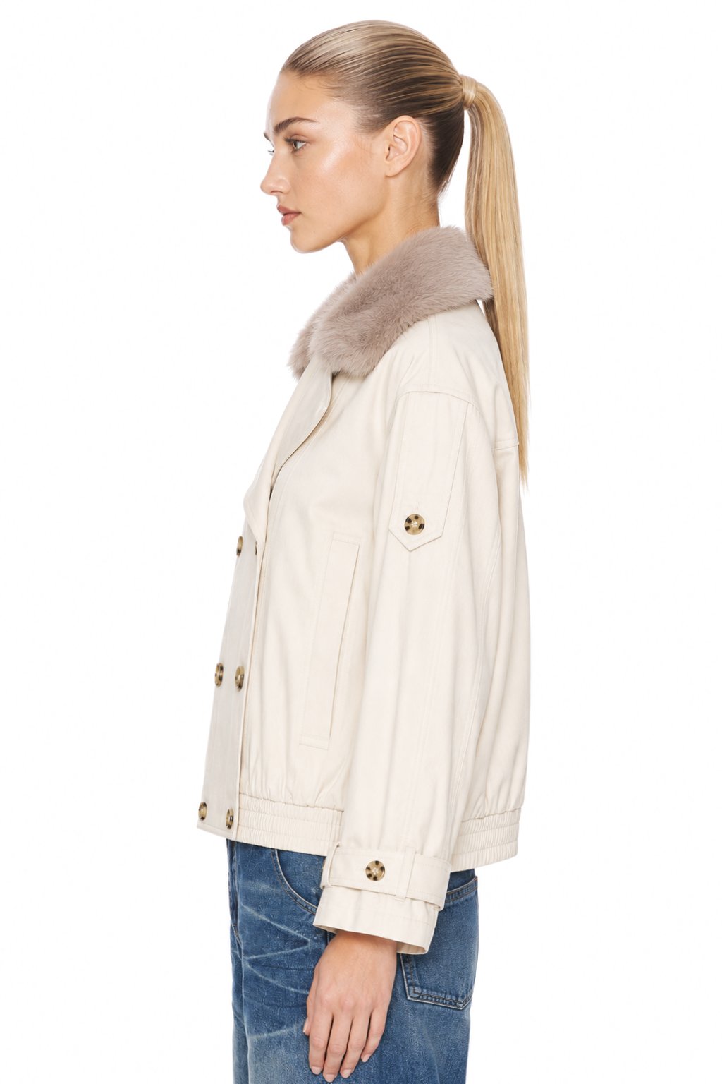 Sunzel Womens Faux Fur Collar Short Jacket Beige Double Breasted Cropped Coat Long Sleeve Fall Outerwear with Pockets