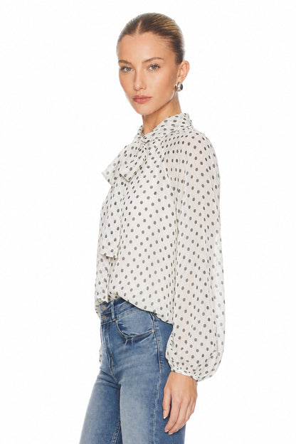 Sunzel Womens Polka Dot Chiffon Blouse Tie Neck Long Sleeve Sheer Dressy Office Top Loose Work Shirt