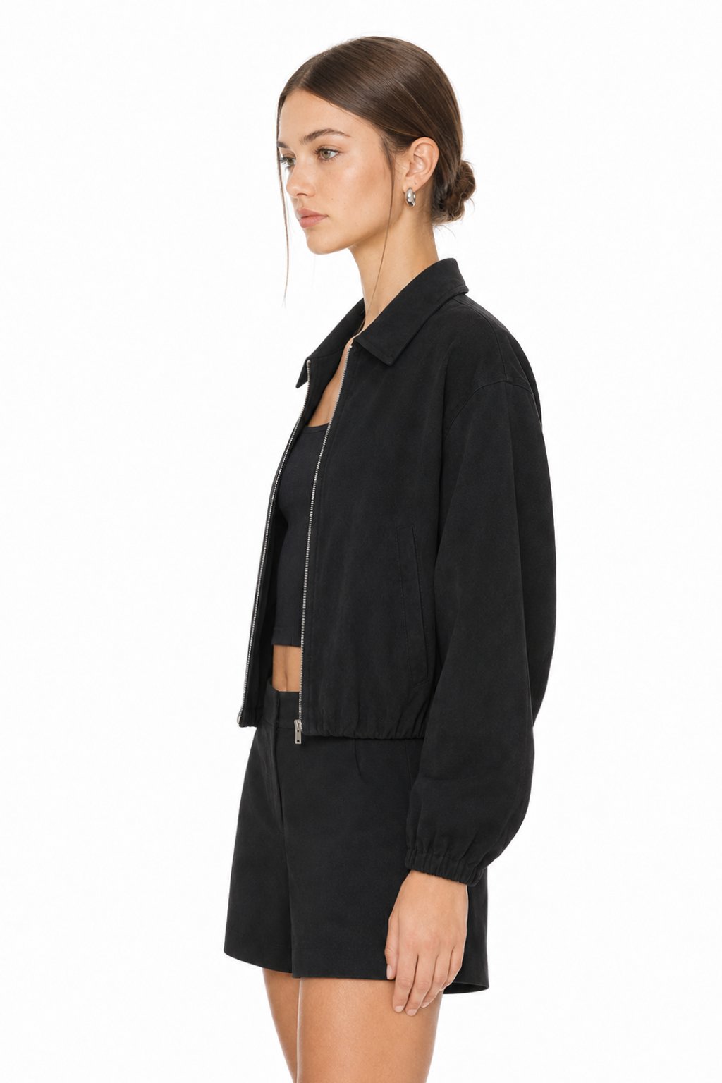 Sunzel Womens Cropped Bomber Jacket Full Zip Suede Look Turn Down Collar Balloon Sleeve Fall Coat